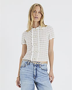 Cream Boucle Button Detail Collared Top