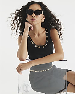 Black Sleeveless Chain Detail Vest Top