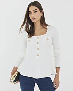 White Knitted Long Sleeve Peplum Top
