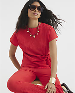 Red Textured Tie Waist T-Shirt