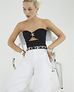 Black Sleeveless Starfish Ribbed Bandeau Top