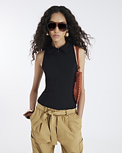 Black Sleeveless Zip Front Ribbed Top