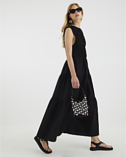 Black Drawstring Tiered Maxi Dress