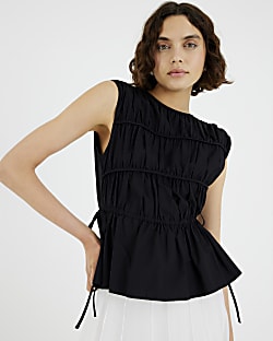 Black Tiered String Detail Peplum Top