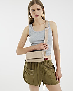 Beige Embossed Flap Cross Body Bag