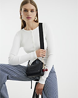 Black Embossed Flap Cross Body Bag