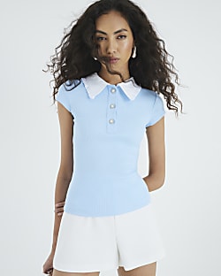 Blue Short Sleeve Diamante Button Polo Top