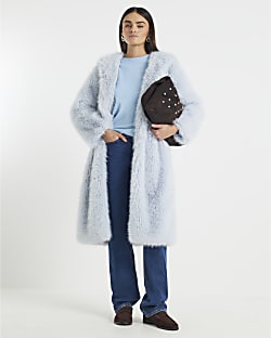Blue Faux Fur Hooded Long Sleeve Coat
