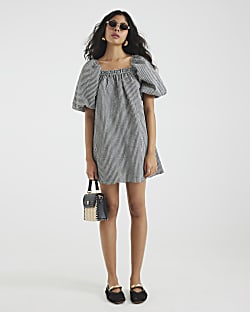 Black Gingham Puff Sleeve Mini Dress
