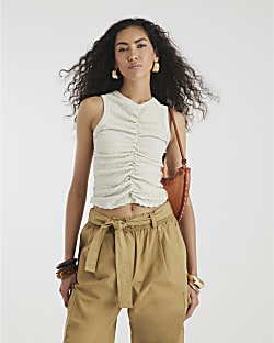 Beige Sleeveless Ruched Front Tank Top