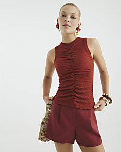 Red Sleeveless Ruched Front Tank Top