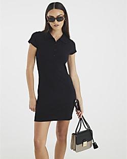 Black Short Sleeve Button Up Polo Mini Dress