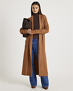 Brown Knitted Belted Maxi Cardigan