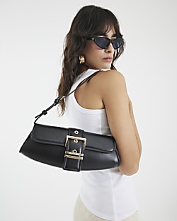 Black Buckle Front Shoulder Bag