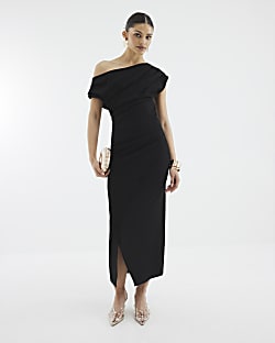 Black Asymmetric Drape Wrap Midi Dress