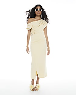 Yellow Asymmetric Drape Wrap Midi Dress