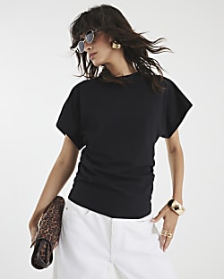 Black Ruched Side Kimono Sleeve T-shirt