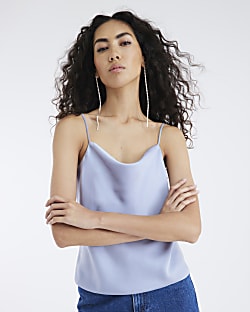 Blue Satin Cowl Neck Cami Top