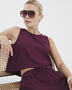 Purple Linen Blend Sleeveless Tank Top