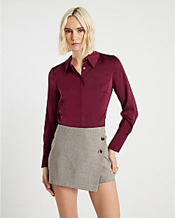 Red Satin Long Sleeve Slim Fit Shirt