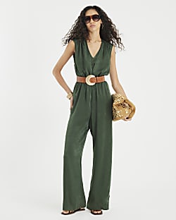 Khaki Sleeveless Wide Leg Jumpsuit