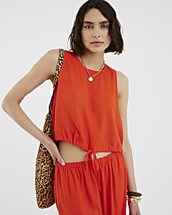 Red Linen Blend Sleeveless Tank Top