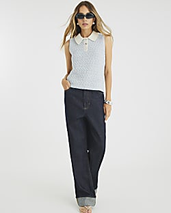 Blue Sleeveless Boucle Polo Shirt