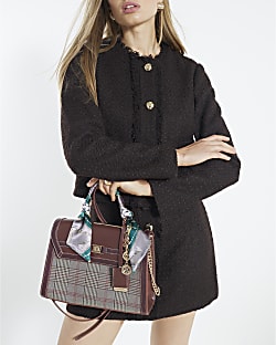 Brown Check Print Charm Tote Bag