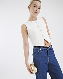 White Sleeveless Cropped Waistcoat