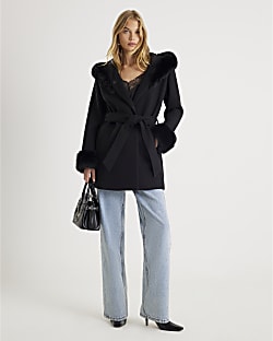 Black Faux Fur Trim Hooded Coat