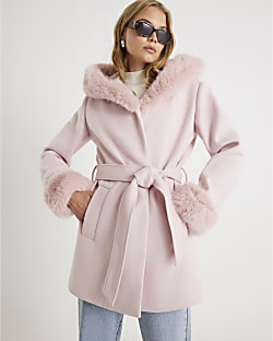 Pink Faux Fur Trim Hooded Coat