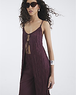 Red Plisse Longline Tie Front Cami Top