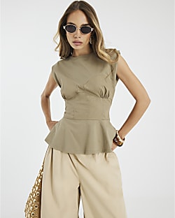 Khaki Sleeveless Tie Back Corset T-shirt