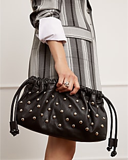 Black Leather Studded crossbody Clutch bag