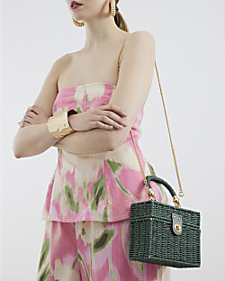 Khaki Raffia Clutch Box Bag