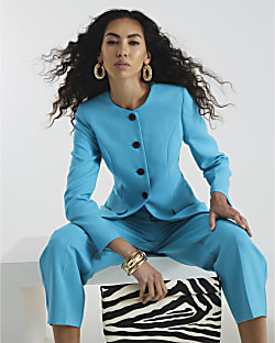 Blue Round Neck Fitted Blazer