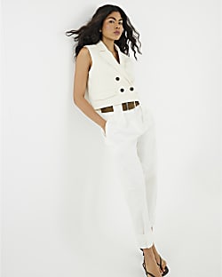 White Belted Utility Barrel Leg Trousers