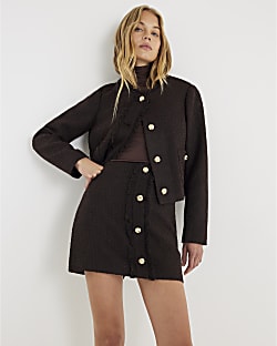 Brown Boucle Button Front Mini Skirt
