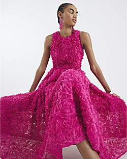 Pink 3D Floral Occasion Midi Dress
