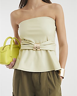 Green Sleeveless Faux Leather Bandeau Top