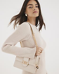 Cream Patent RR Panelled Shoulder Bag