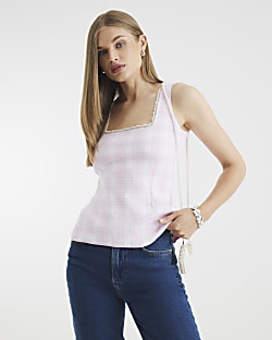 Pink Gingham Knitted Pearl Trim Vest