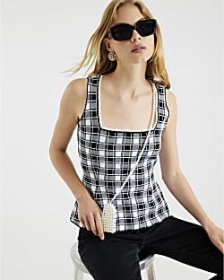 Black Gingham Knitted Pearl Trim Vest