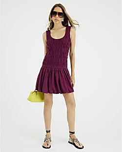 Purple Linen Blend Shirred Mini Dress