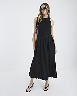 Black Shirred Bubble Hem Midi Dress