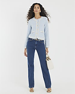 Blue Long Sleeve Boucle Cardigan