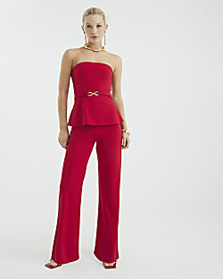 Red Sleeveless Belted Bandeau Jumpsuit