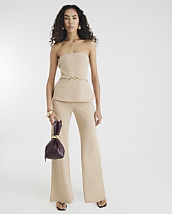 Beige Sleeveless Belted Bandeau Jumpsuit