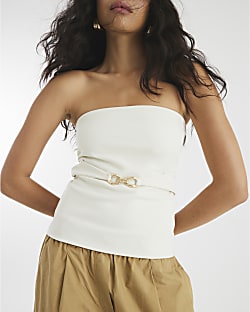 Cream Sleeveless Belted Trim Bandeau Top