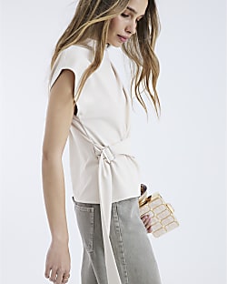 Cream Short Sleeve Belted Wrap Drape Top